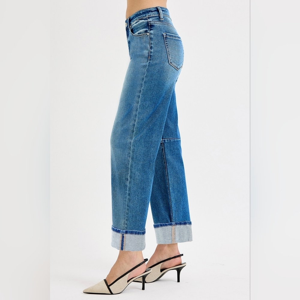 Risen High Rise Medium Wash Slouchy Cuffed Barrel Jeans Relaxed Various NEW - Picture 4 of 5